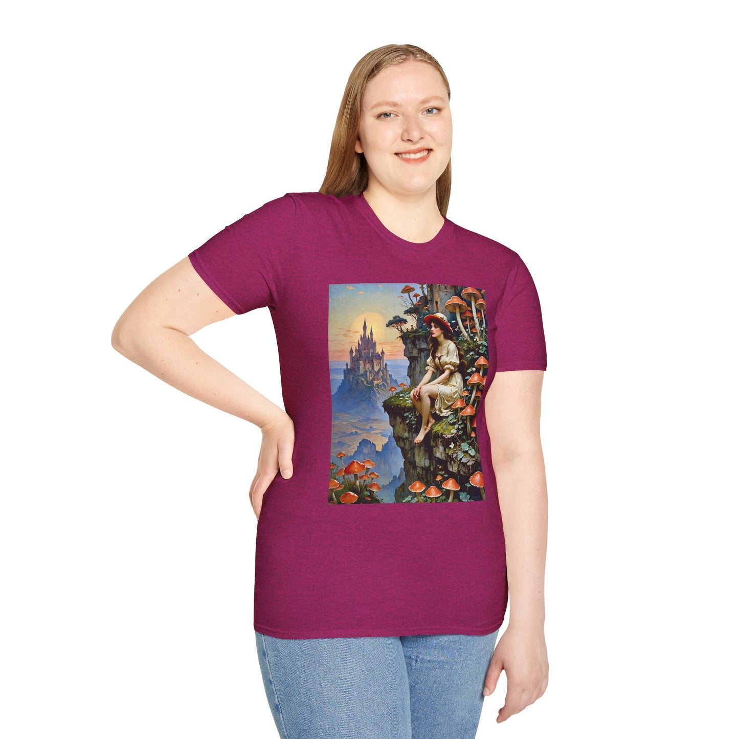 Fantasy Mushroom Fairy T-Shirt Enchanted Castle Cliffside Tee Surreal Magic Art Shirt Gift for Fantasy Fans Gift for Dreamers Psychedelic Nature Tee