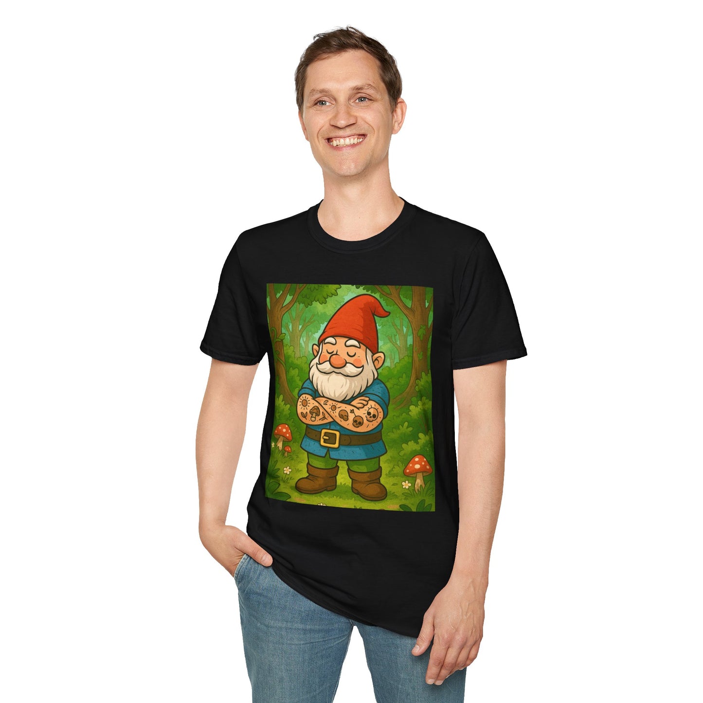 Tattooed Gnome T-Shirt – Funny Forest Inked Gnome Tee – Whimsical Tattoo Garden Shirt Gift for Mushroom Lovers, Gardeners, and Fantasy Fans