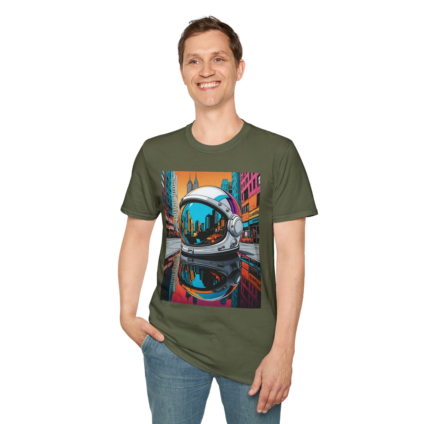 City Astronaut Reflection T-Shirt – Urban Space Art Tee – Gift for Sci-Fi Fans, Streetwear Addicts, and Cosmic Daydreamers