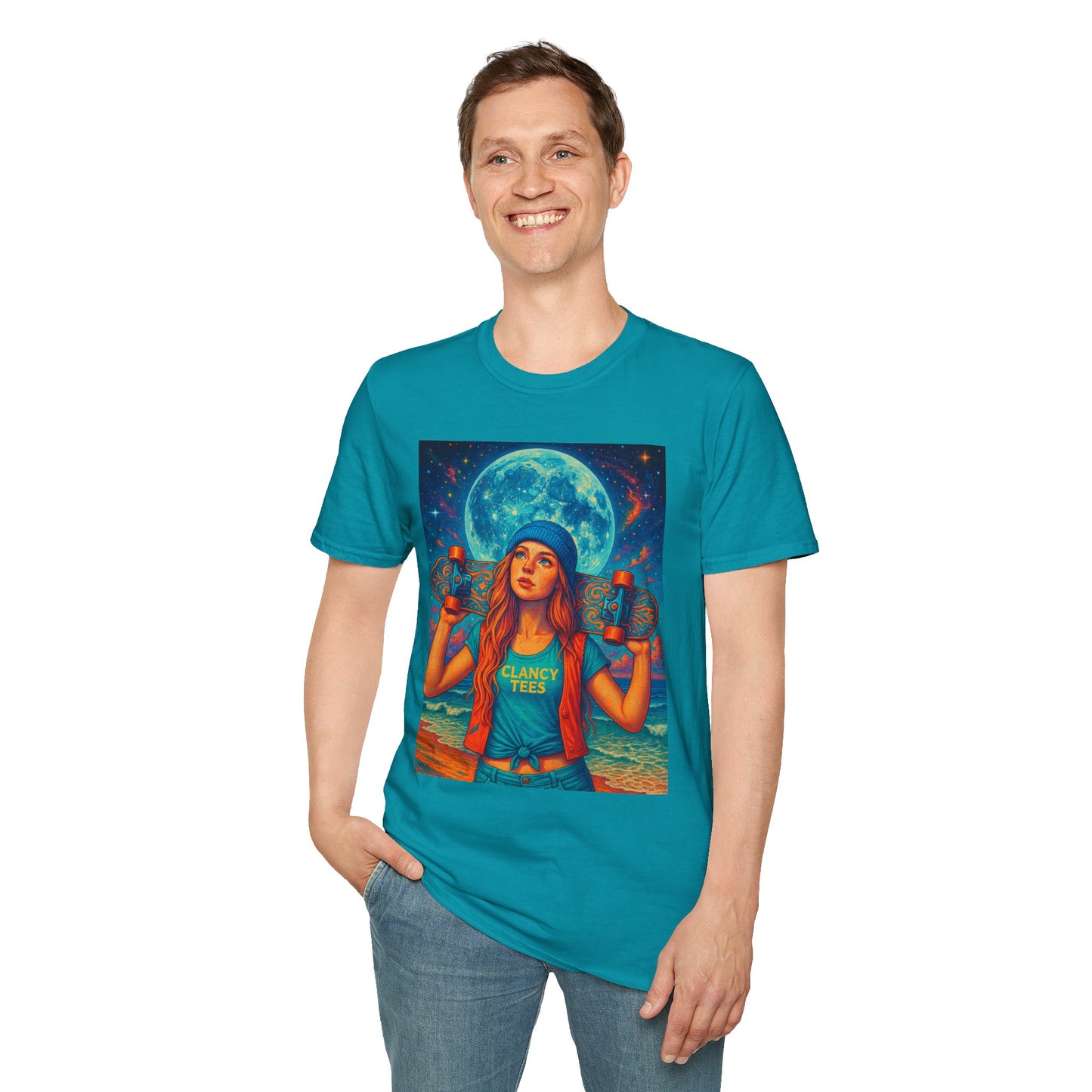 Bohemian Skater Girl Graphic Tee, Unisex T-Shirt with Moon & Nature Design, Perfect for Festivals, Gift for Nature Lovers, Summer Vibes, Casual Wear
