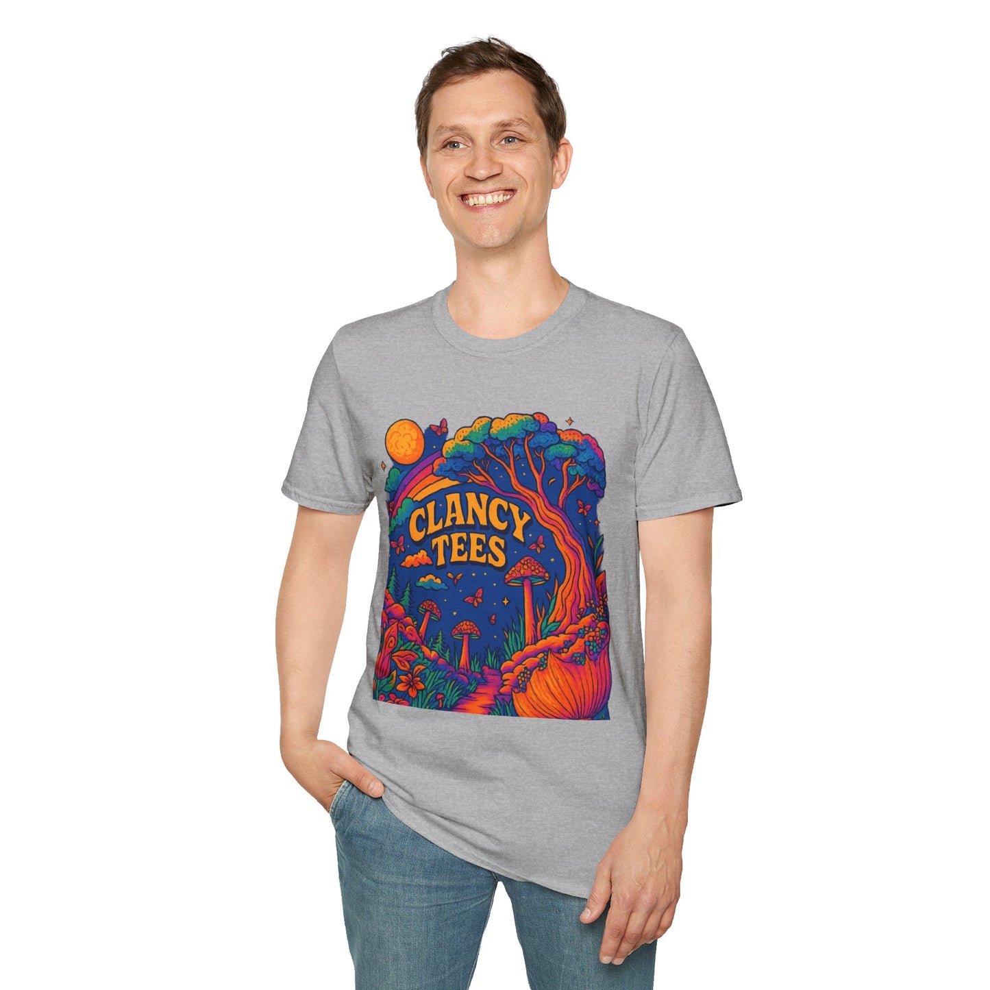 Colorful Nature-Themed Unisex Softstyle T-Shirt - Bohemian Vibe, Perfect for Festivals, Gift for Nature Lovers, Casual Wear, Clancy Tees
