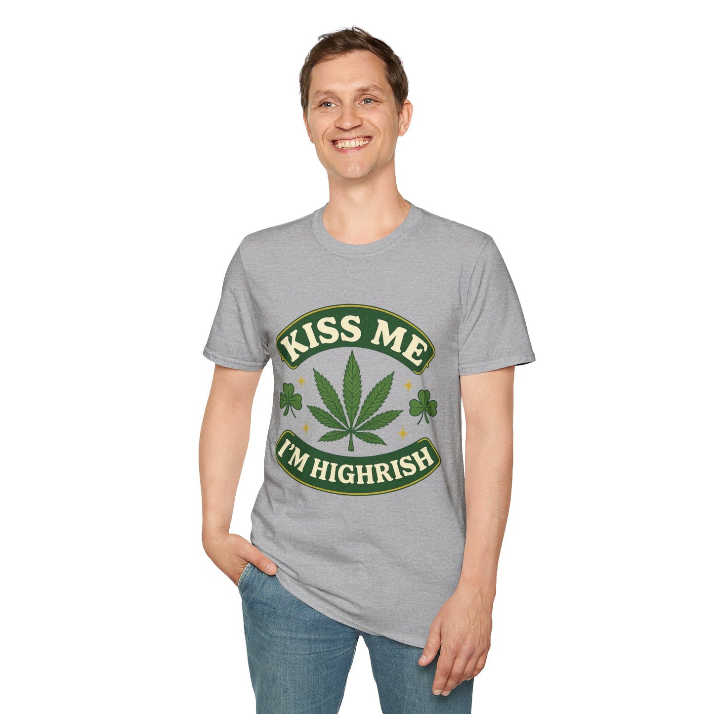 Kiss Me I’m Highrish Shirt – Funny Weed St. Patrick’s Day Tee – Cannabis Leaf Irish Parody Shirt – Gift for Stoner Friends and Green Beer Fans
