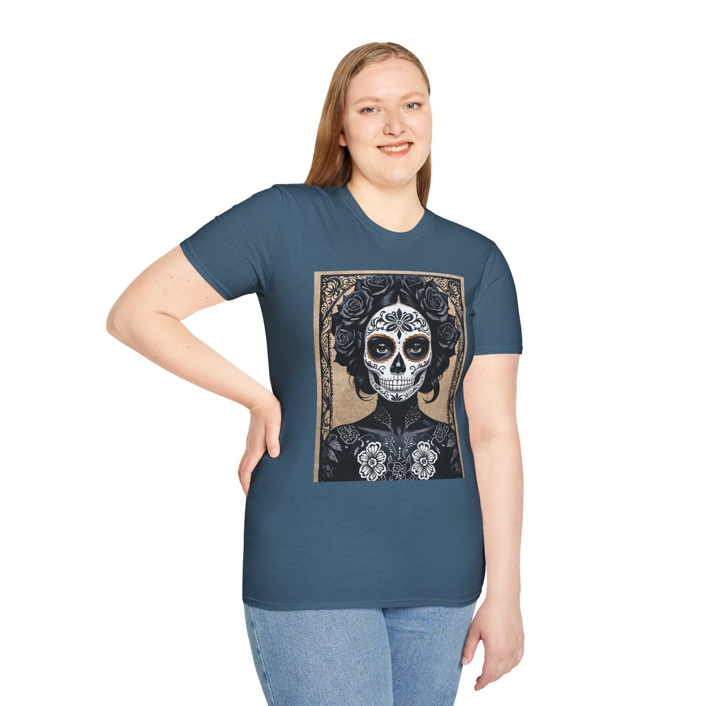 Black Floral Skull Tattoo Shirt – Gothic Día de los Muertos Tee – Gift for Skull Collectors, Tattoo Fans, and Alt Aesthetic Enthusiasts