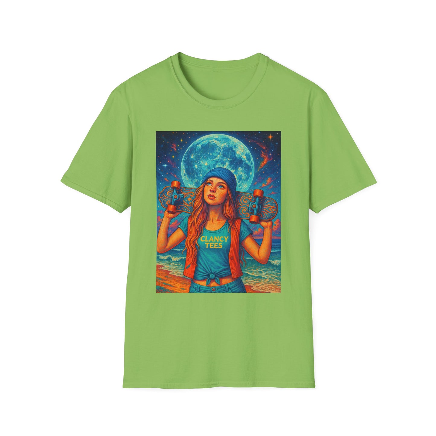 Bohemian Skater Girl Graphic Tee, Unisex T-Shirt with Moon & Nature Design, Perfect for Festivals, Gift for Nature Lovers, Summer Vibes, Casual Wear