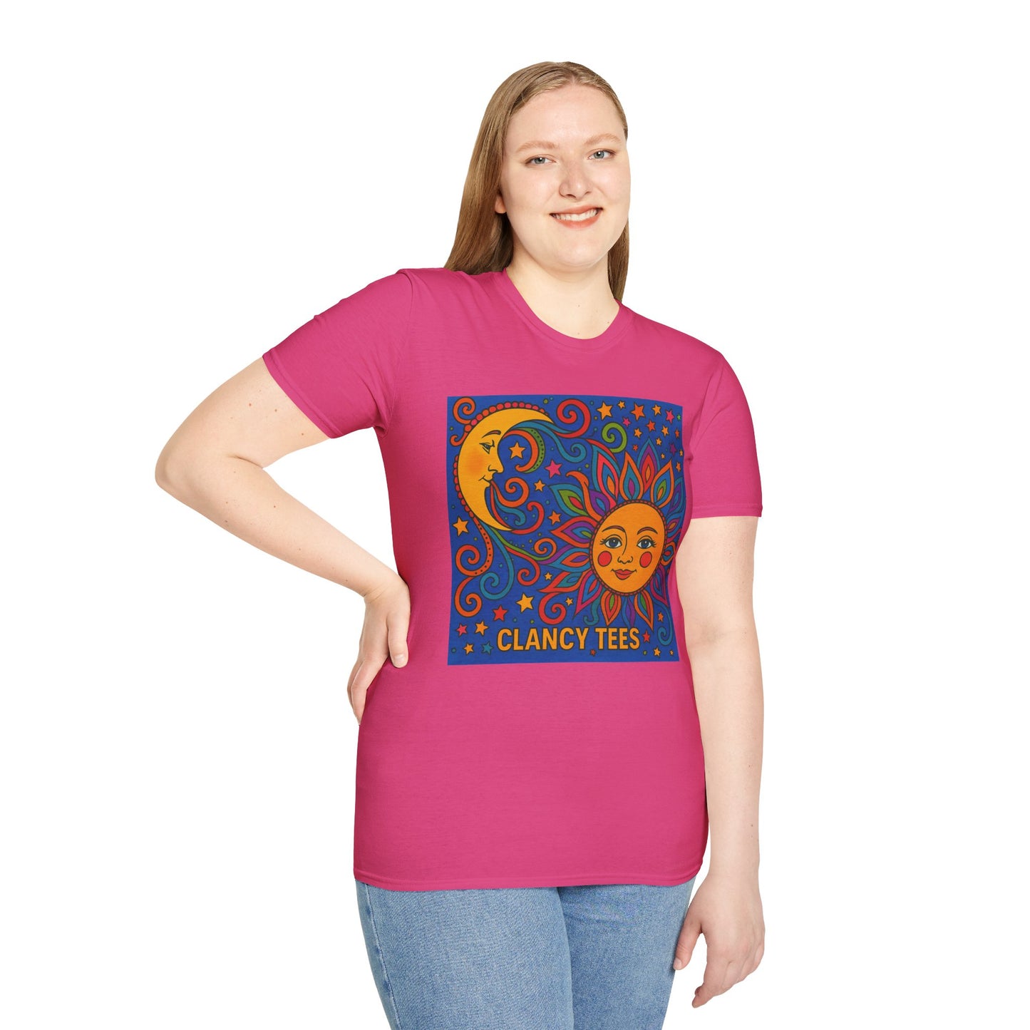 Sun and Moon Vibrant Tee, Unisex Softstyle T-Shirt for Summer Vibes, Boho Fashion, Gift for Her, Festival Wear, Casual Wear