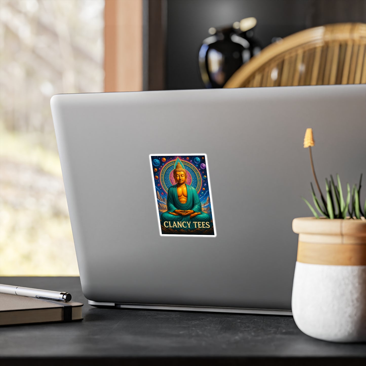 ClancyTees Cosmic Buddha Sticker – Kiss Cut Vinyl Decal, Spiritual Artwork, Galaxy Aesthetic, Gift for Mindfulness Fans