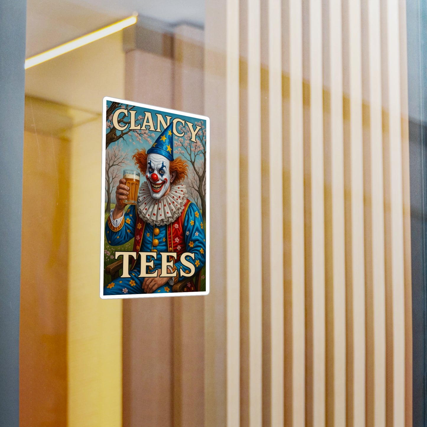ClancyTees Drunk Clown Sticker – Kiss Cut Vinyl Decal, Funny Creepy Artwork, Circus Aesthetic, Gift for Dark Humor Fans