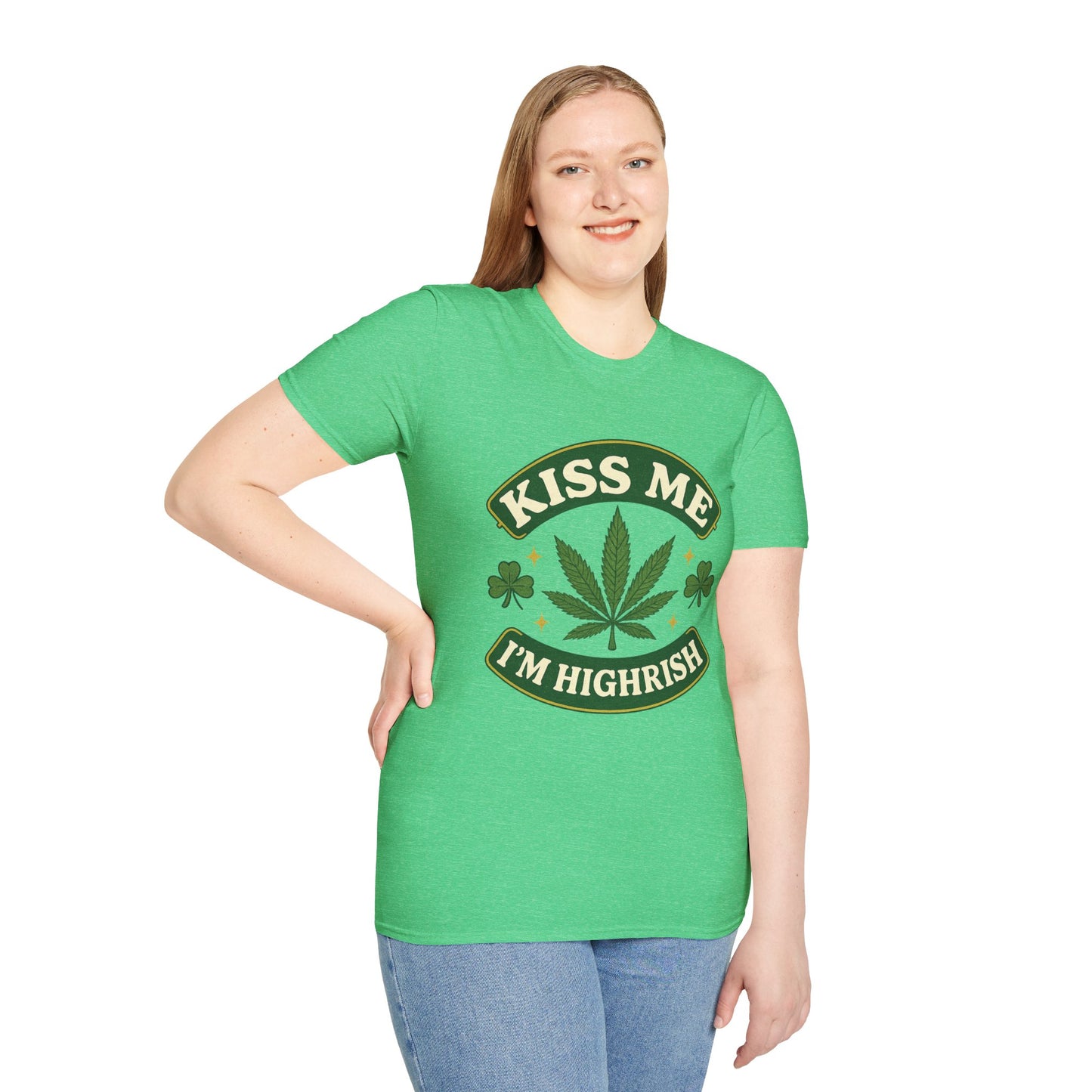 Kiss Me I’m Highrish Shirt – Funny Weed St. Patrick’s Day Tee – Cannabis Leaf Irish Parody Shirt – Gift for Stoner Friends and Green Beer Fans