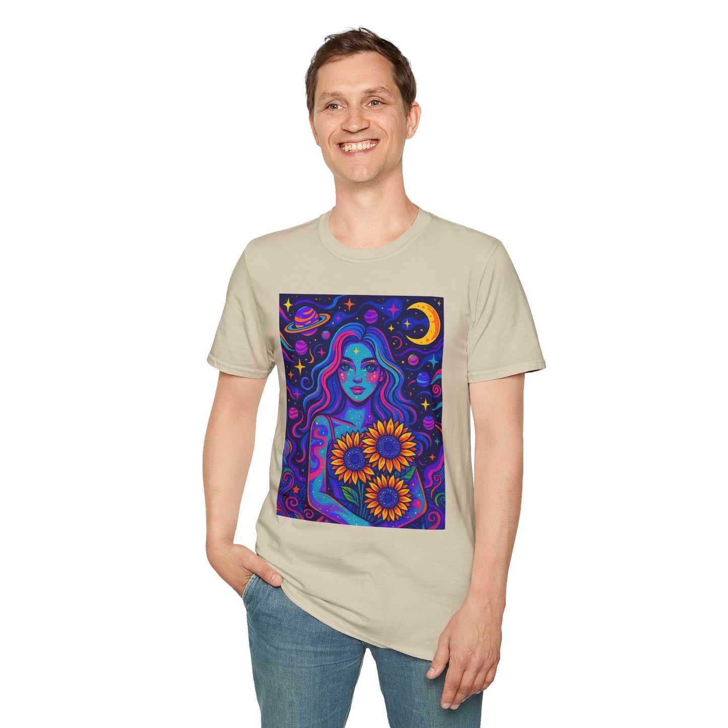 Psychedelic Sunflower Girl Shirt Trippy Space Goddess Tee Gift for Astrology Lovers Cosmic Art T Shirt for Hippies Star Gazers and Moon Magic Fans