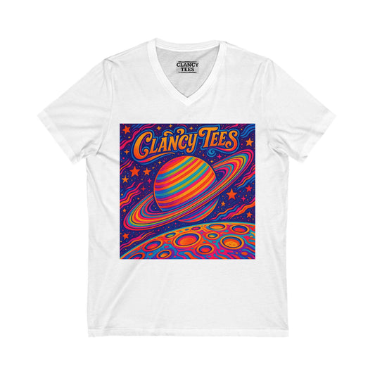 Retro Space Art Unisex Vneck – Psychedelic Planet Print Shirt