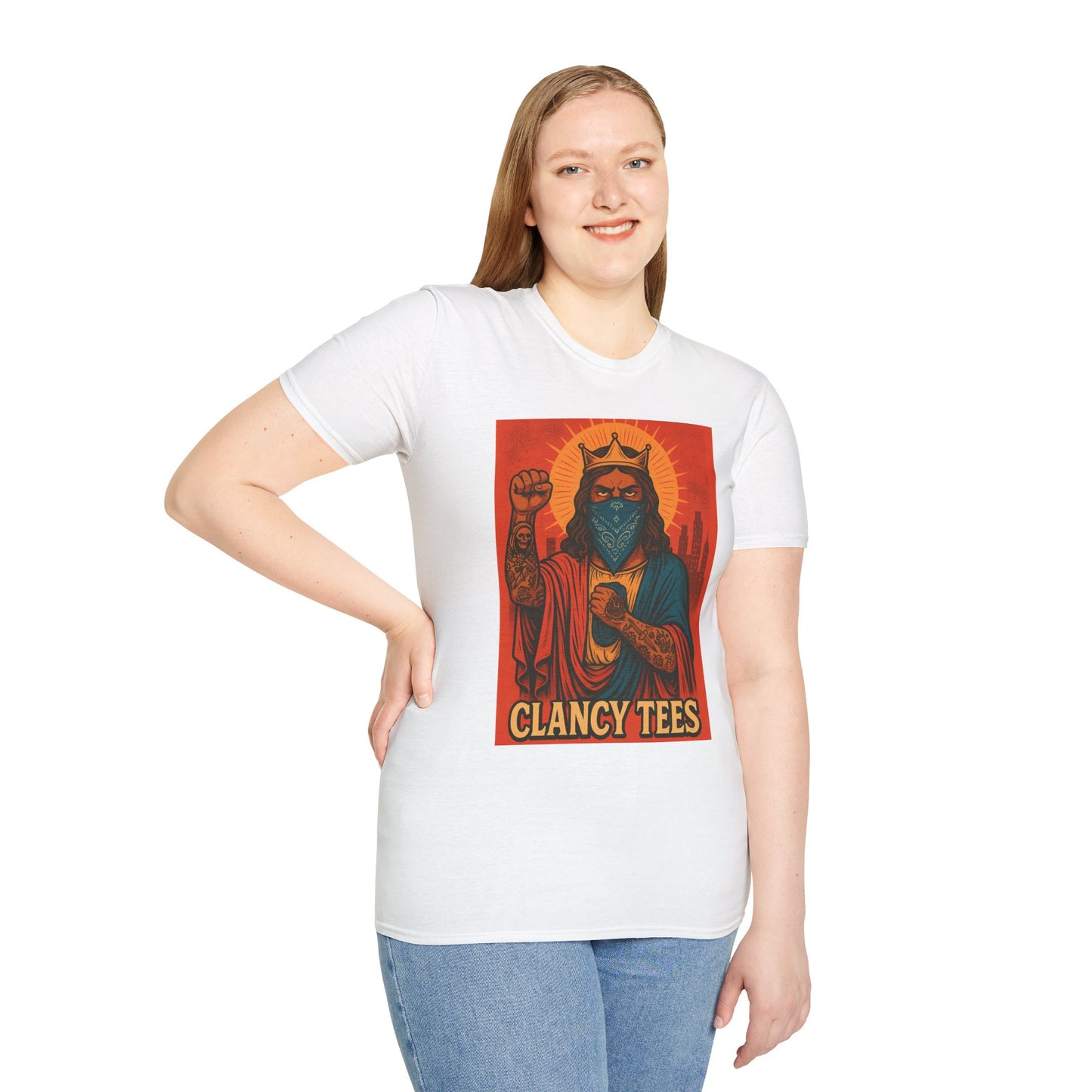 Tattooed Jesus Street Art Shirt – Clancy Tees | Urban Messiah Graphic Tee | Bold Religious Satire Shirt | King of the Block Tee