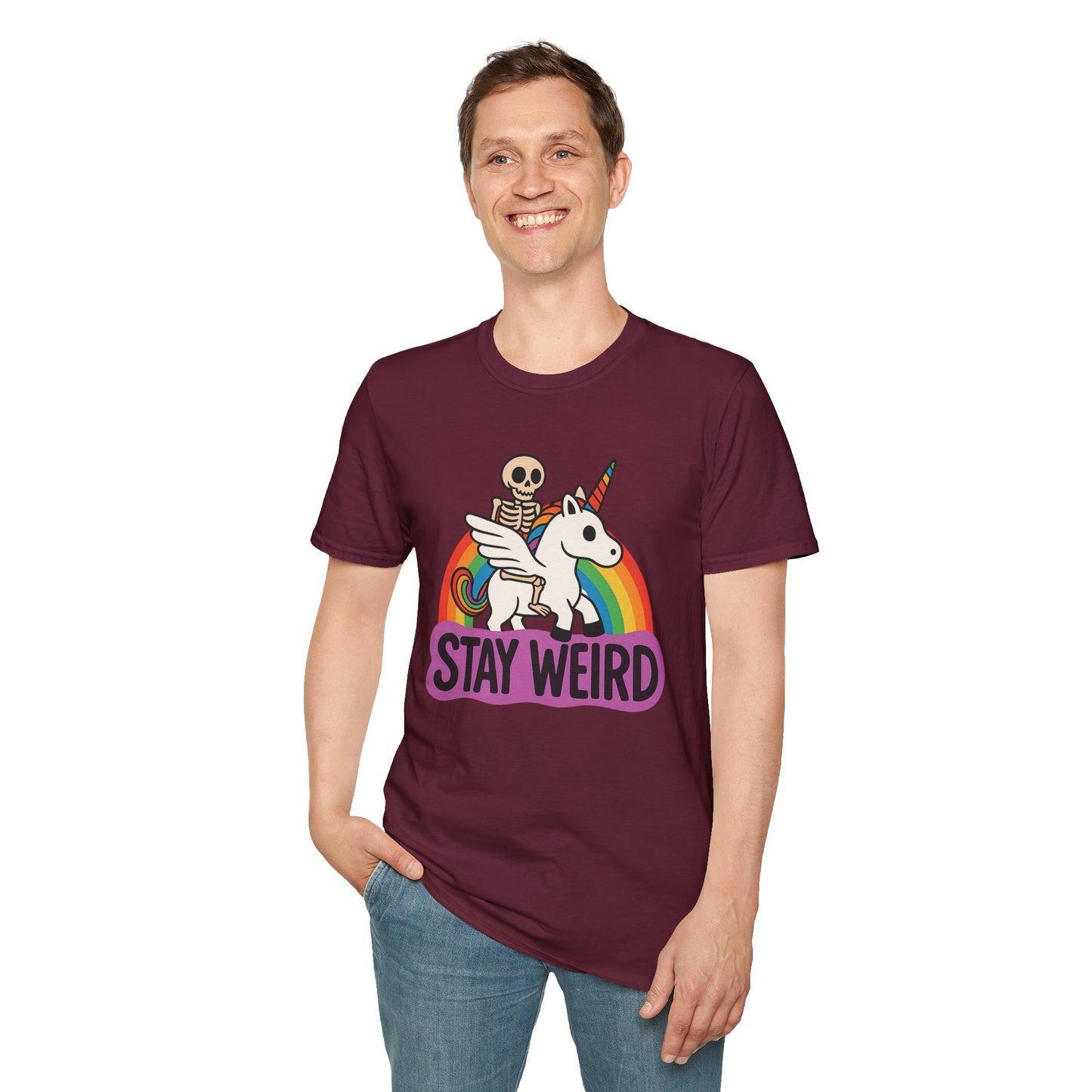 Stay Weird Skeleton Unicorn Shirt – Funny Rainbow Graphic Tee – Whimsical Weirdcore Clothing – Gift for Quirky Friends and Oddball Souls