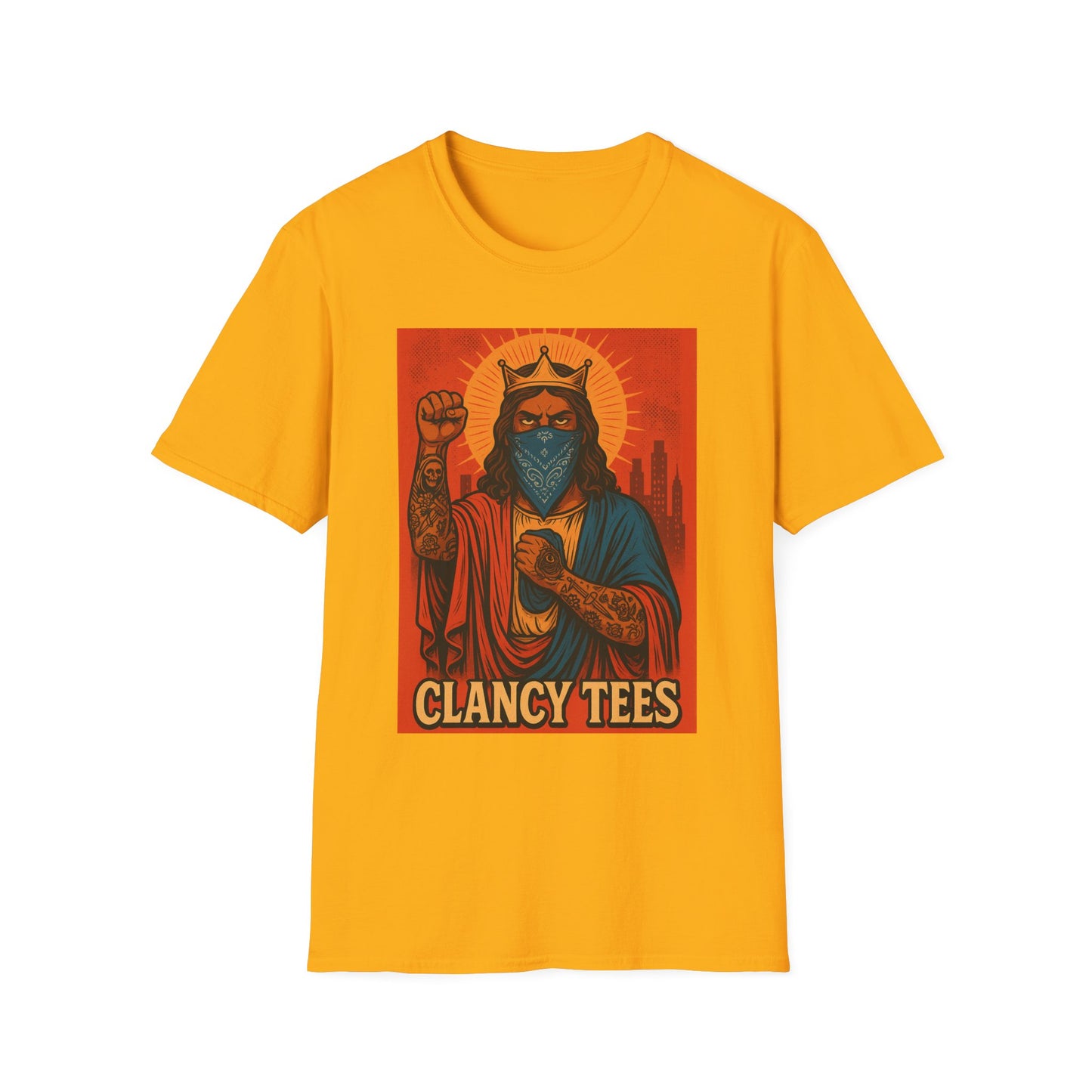 Tattooed Jesus Street Art Shirt – Clancy Tees | Urban Messiah Graphic Tee | Bold Religious Satire Shirt | King of the Block Tee