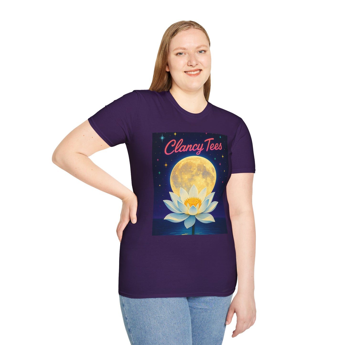 Moon Lotus Clancy Tees Shirt – Ethereal Floral T-Shirt with Full Moon Art – Gift for Nature Lovers, Yogis, Dreamers & Spiritual Aesthetic Fans