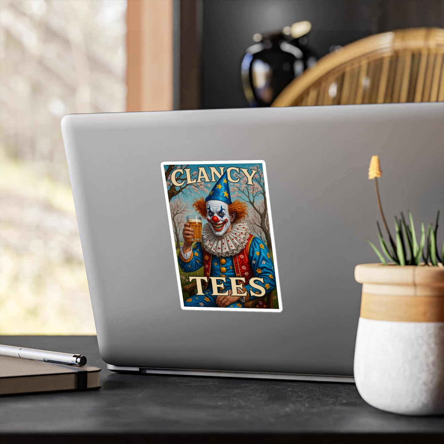 ClancyTees Drunk Clown Sticker – Kiss Cut Vinyl Decal, Funny Creepy Artwork, Circus Aesthetic, Gift for Dark Humor Fans