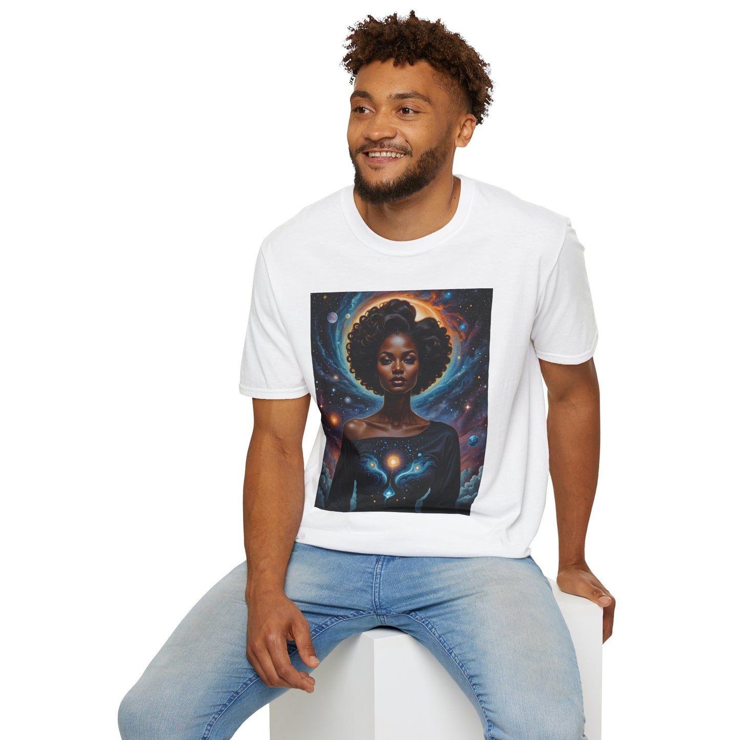 Afrofuturist Cosmic Energy T-Shirt – Celestial Power Graphic Tee, Spiritual Galaxy Shirt, Gift for Astrology Fans, Vibrant Universe Artwork