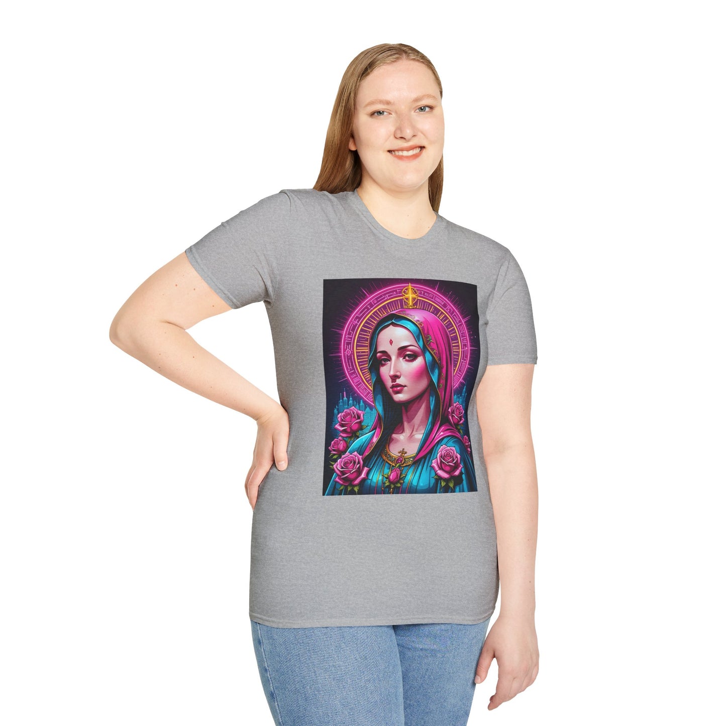 Religious Graphic Tee - Vibrant Mary Artwork, Gift for Devotees, Floral Design Shirt, Faith-Inspired Apparel, Everyday Wear