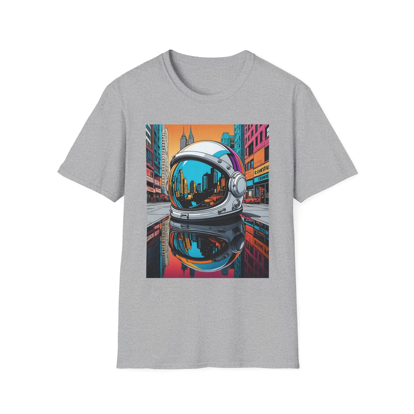 City Astronaut Reflection T-Shirt – Urban Space Art Tee – Gift for Sci-Fi Fans, Streetwear Addicts, and Cosmic Daydreamers
