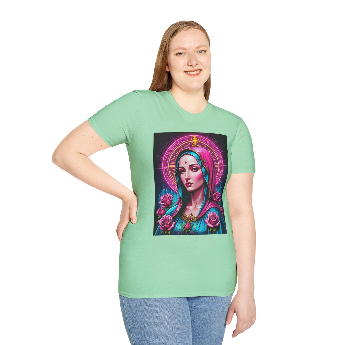 Religious Graphic Tee - Vibrant Mary Artwork, Gift for Devotees, Floral Design Shirt, Faith-Inspired Apparel, Everyday Wear