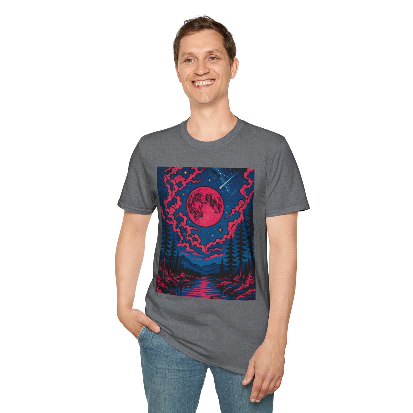 Trippy Red Moon Forest T-Shirt – Surreal Nature Graphic Tee • Psychedelic Night Sky Shirt • Gildan Softstyle® Unisex • Gift for Nature Lovers