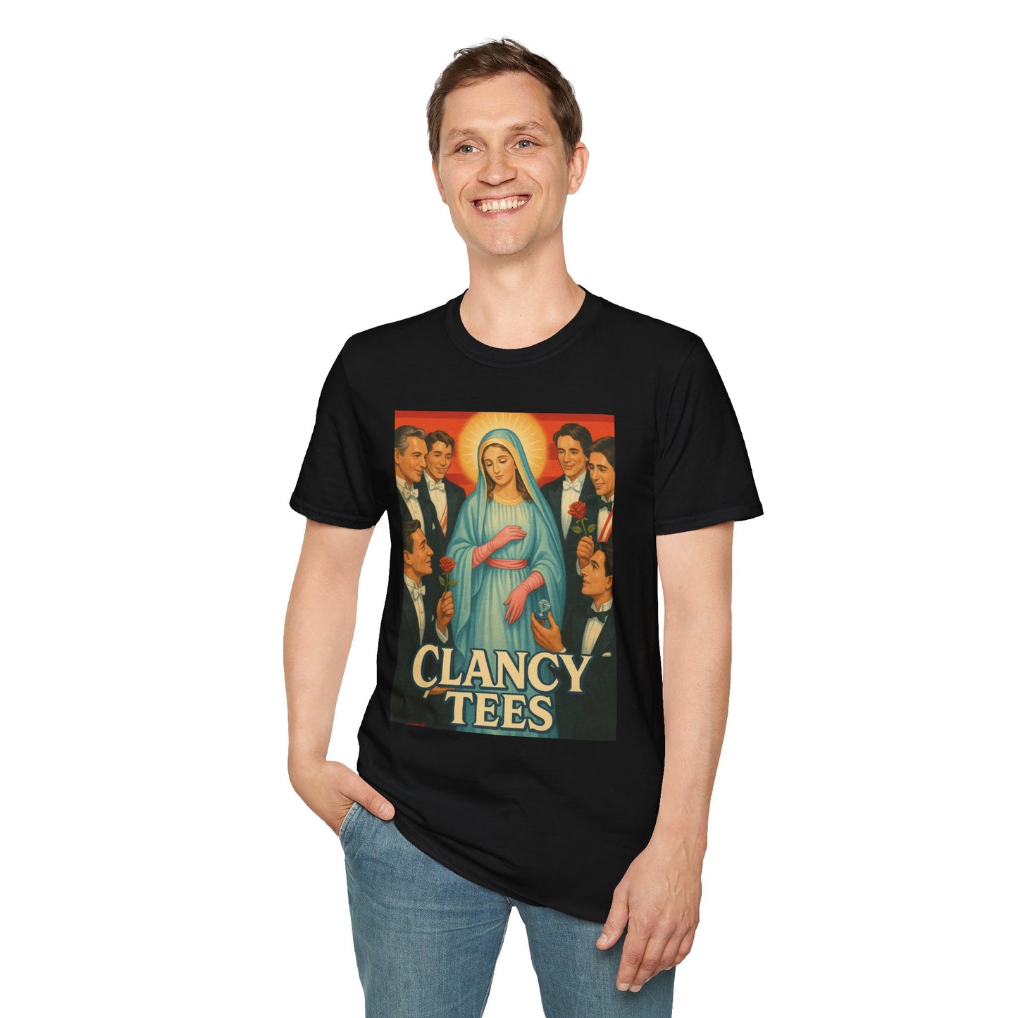 Vintage Madonna Graphic Tee, Unisex Virgin Mary Softstyle T-Shirt, Retro Art Shirt, Gift for Artsy Friends, Festival Attire, Casual Wear
