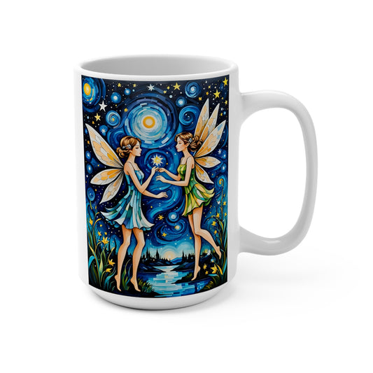 Starry Night Fairy Friends Ceramic Mug Whimsical Fantasy Coffee Cup Magical Artwork Celestial Enchanted Design