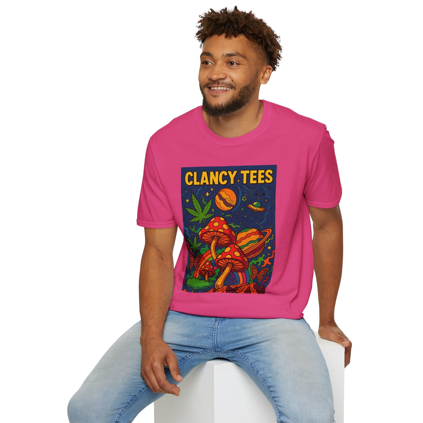 Trippy Mushroom Graphic T Shirt Psychedelic Space Art Tee Cosmic Fungi Illustration Unisex Softstyle Gift for Stoner Friends Gift for Psychedelic Fans