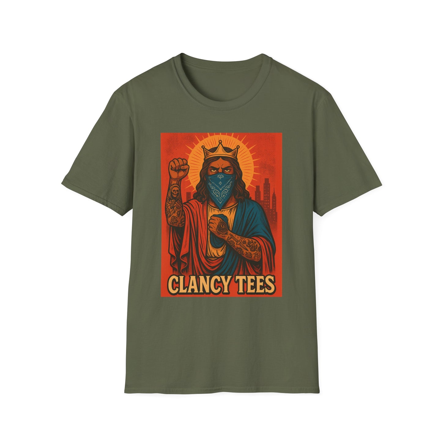 Tattooed Jesus Street Art Shirt – Clancy Tees | Urban Messiah Graphic Tee | Bold Religious Satire Shirt | King of the Block Tee