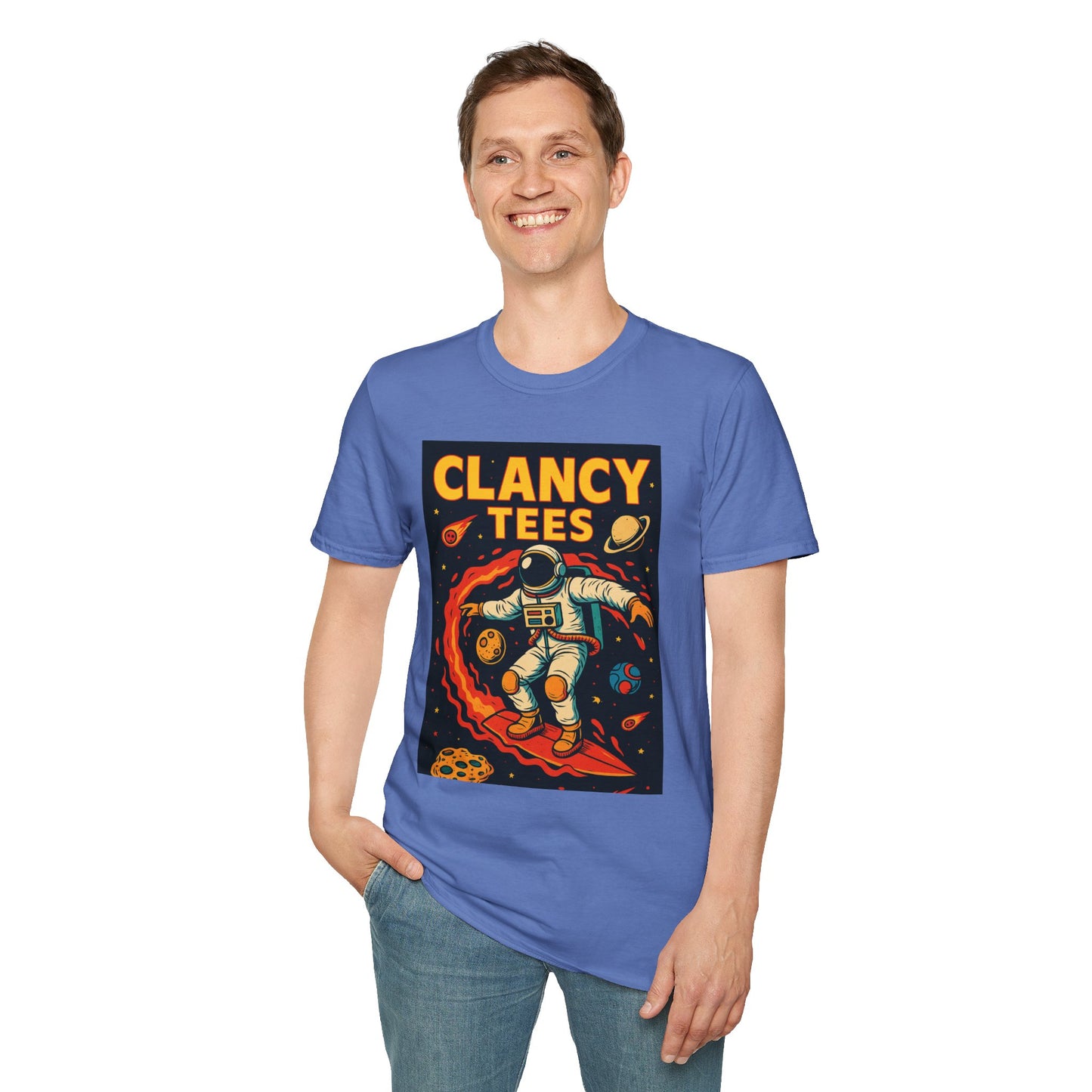 Astronaut Surfing T-Shirt – Outer Space Surfer Tee – Gift for Sci-Fi Beach Bums, Stoner Surfers, and Cosmic Wave Riders