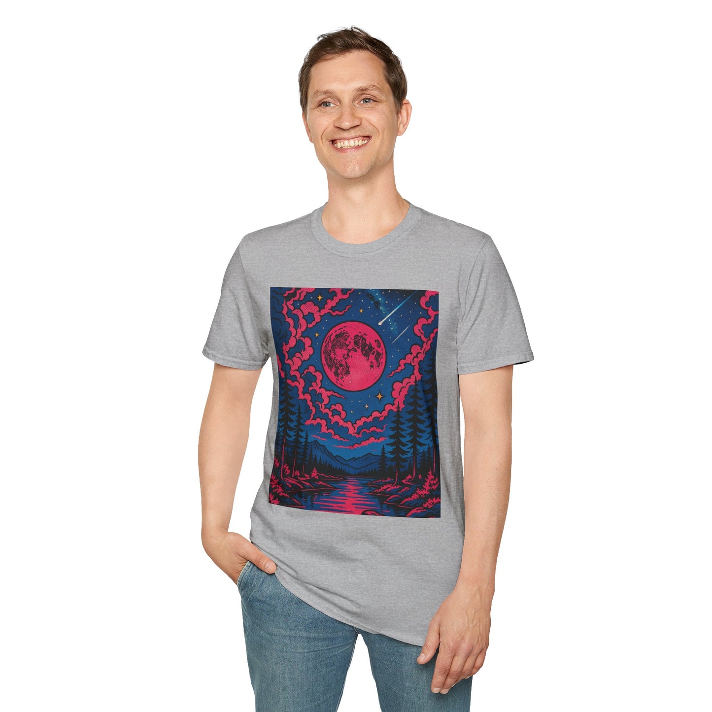 Trippy Red Moon Forest T-Shirt – Surreal Nature Graphic Tee • Psychedelic Night Sky Shirt • Gildan Softstyle® Unisex • Gift for Nature Lovers