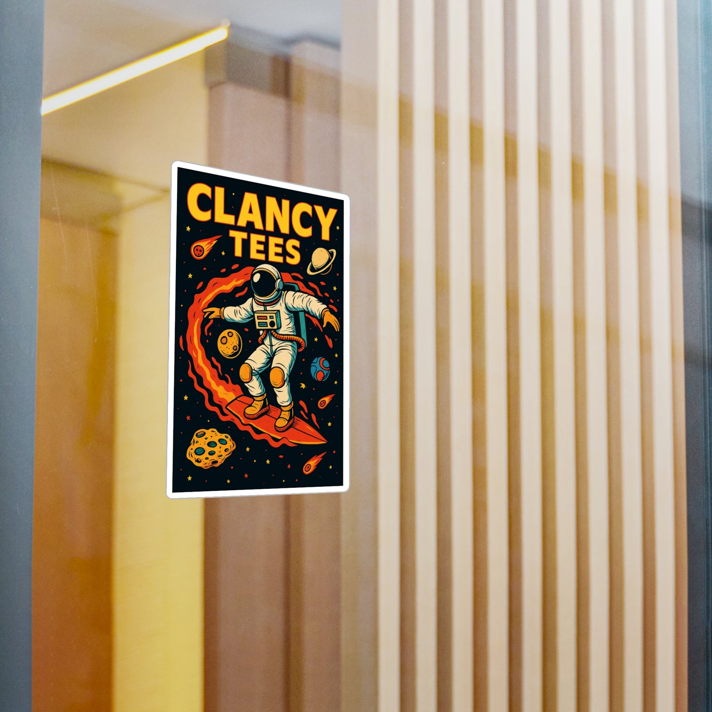 ClancyTees Astronaut Surfer Sticker – Kiss Cut Vinyl Decal, Space Artwork, Retro Sci Fi Aesthetic, Gift for Cosmic Dreamers