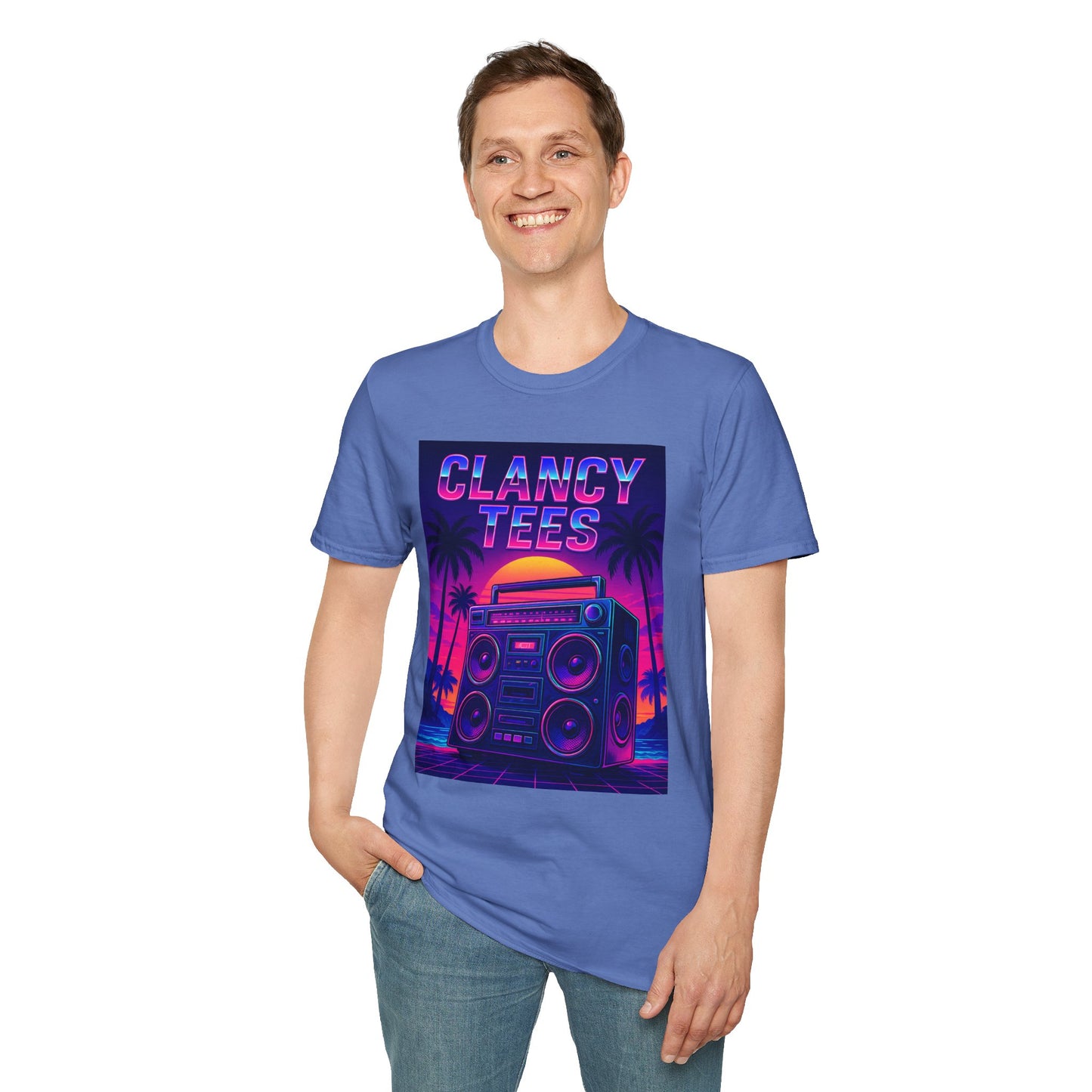 Retro Boombox Sunset Tee – Vaporwave Clancy Tees Shirt – Gift for 80s Kids, Music Lovers, Synthwave Fans & Nostalgic Neon Dreamers