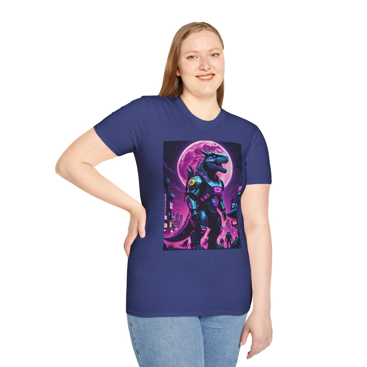 Cyberpunk Dinosaur T Shirt Neon Retro Graphic Tee Futuristic Monster Artwork Top Gift for Sci Fi Fans