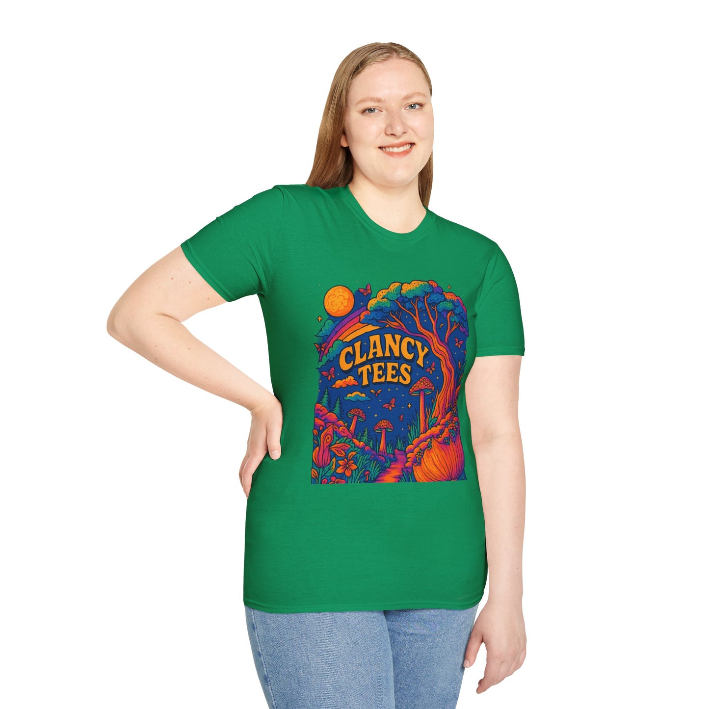 Colorful Nature-Themed Unisex Softstyle T-Shirt - Bohemian Vibe, Perfect for Festivals, Gift for Nature Lovers, Casual Wear, Clancy Tees