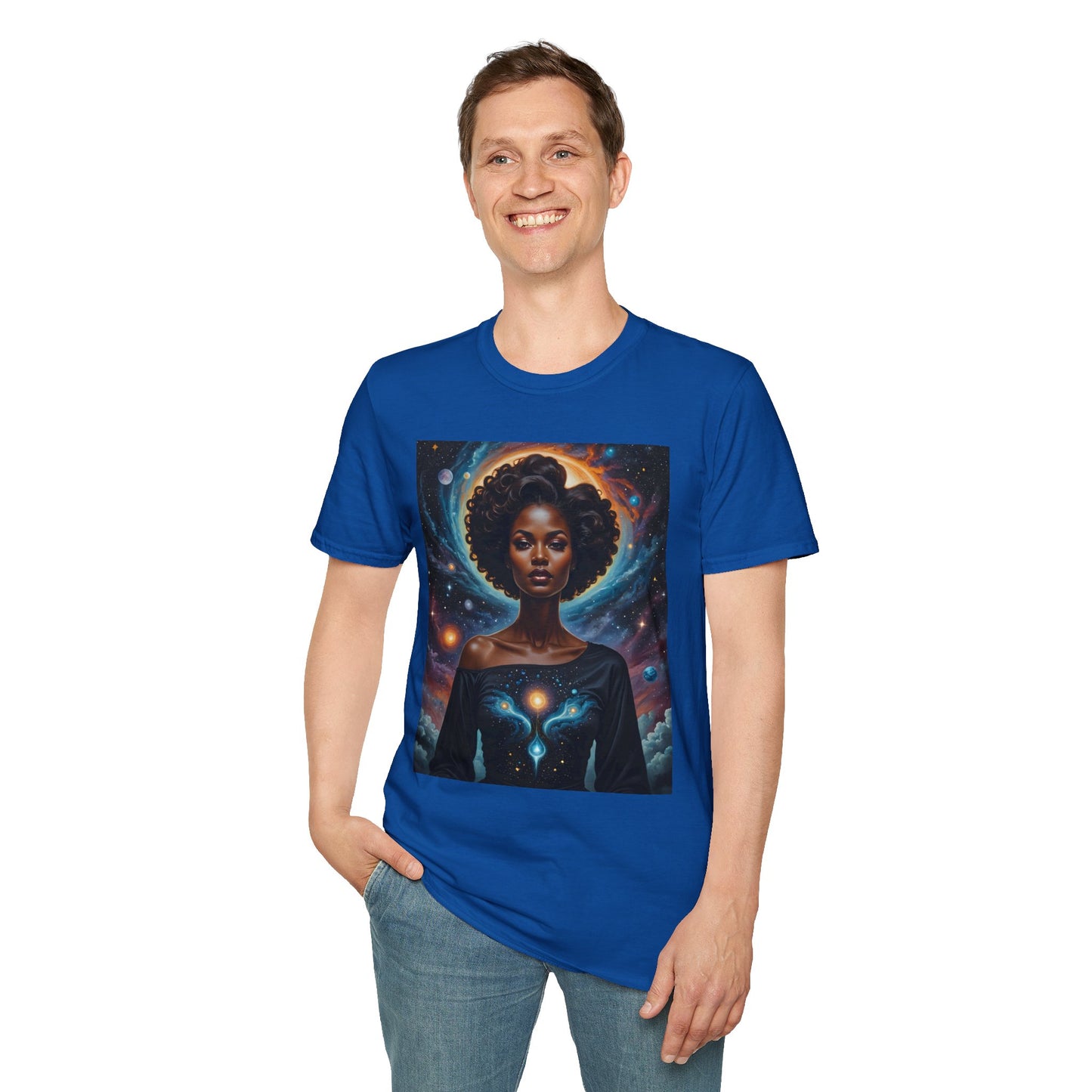 Afrofuturist Cosmic Energy T-Shirt – Celestial Power Graphic Tee, Spiritual Galaxy Shirt, Gift for Astrology Fans, Vibrant Universe Artwork