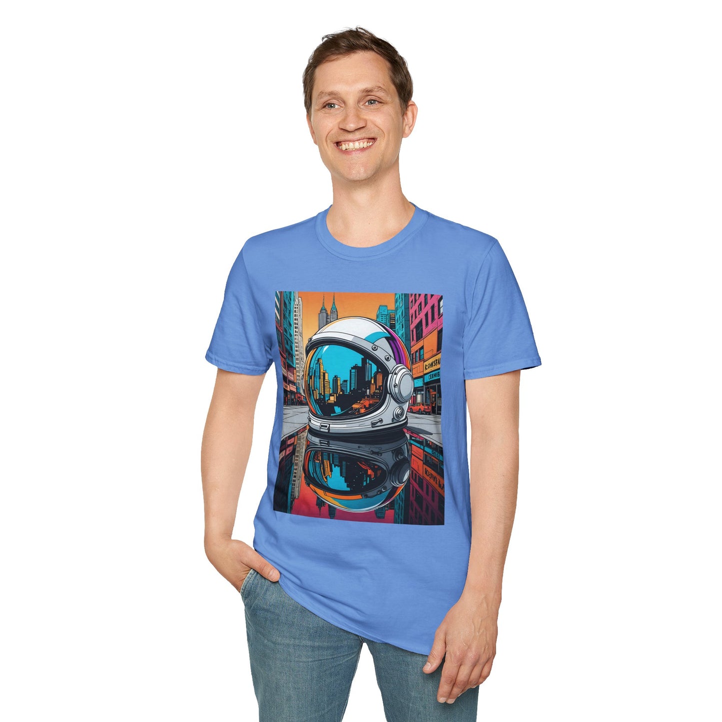 City Astronaut Reflection T-Shirt – Urban Space Art Tee – Gift for Sci-Fi Fans, Streetwear Addicts, and Cosmic Daydreamers