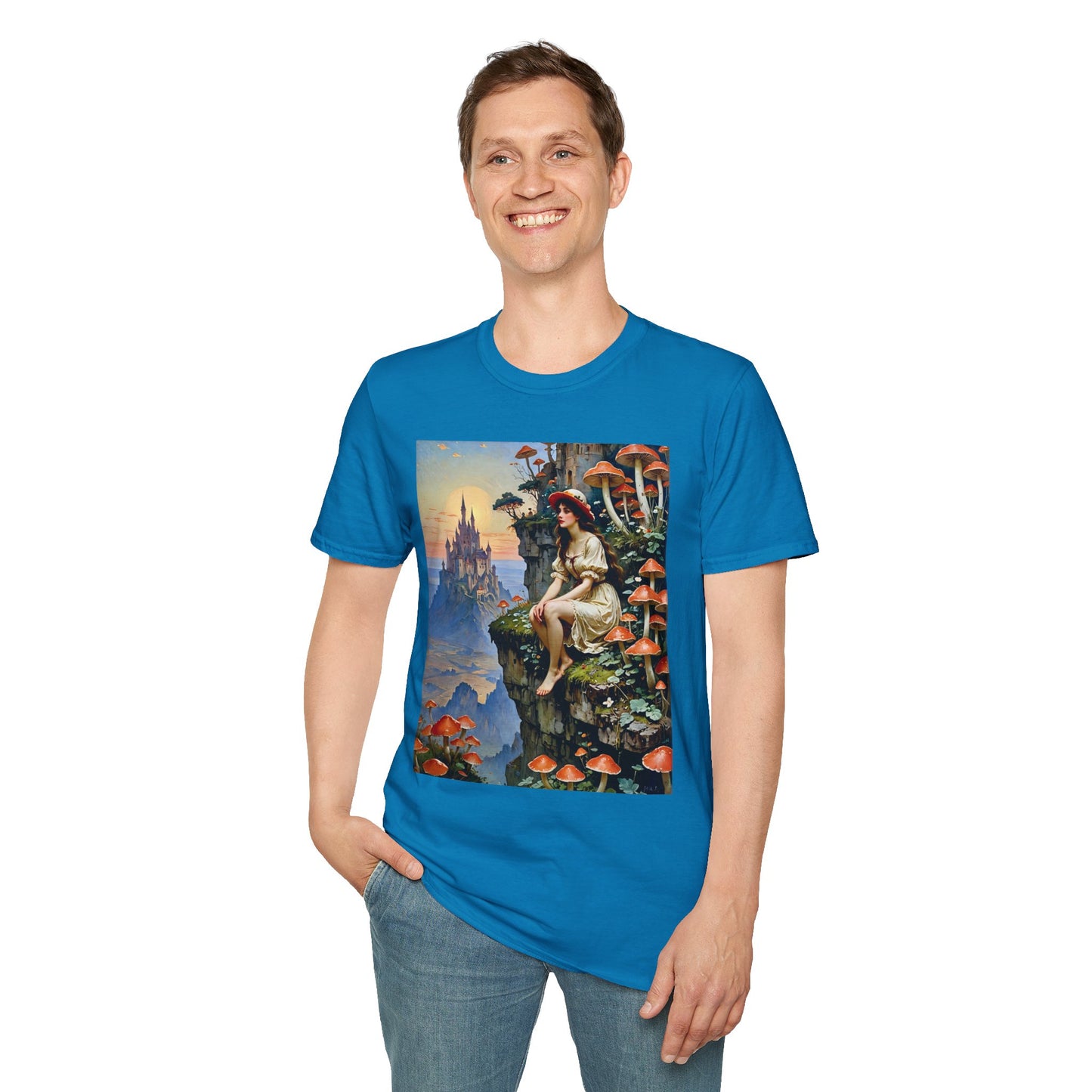 Fantasy Mushroom Fairy T-Shirt Enchanted Castle Cliffside Tee Surreal Magic Art Shirt Gift for Fantasy Fans Gift for Dreamers Psychedelic Nature Tee