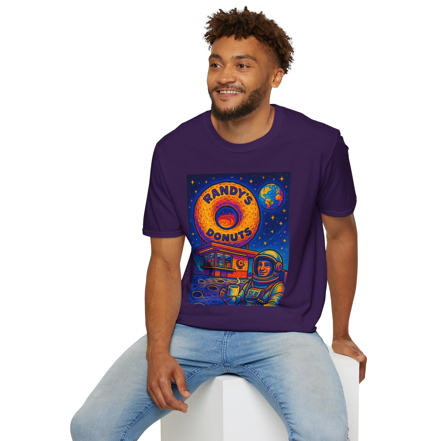 Space Donut T-Shirt – Retro Sci-Fi Astronaut Holding Coffee on the Moon – Gift for Foodies, Dreamers, and Outer Space Humor Fans