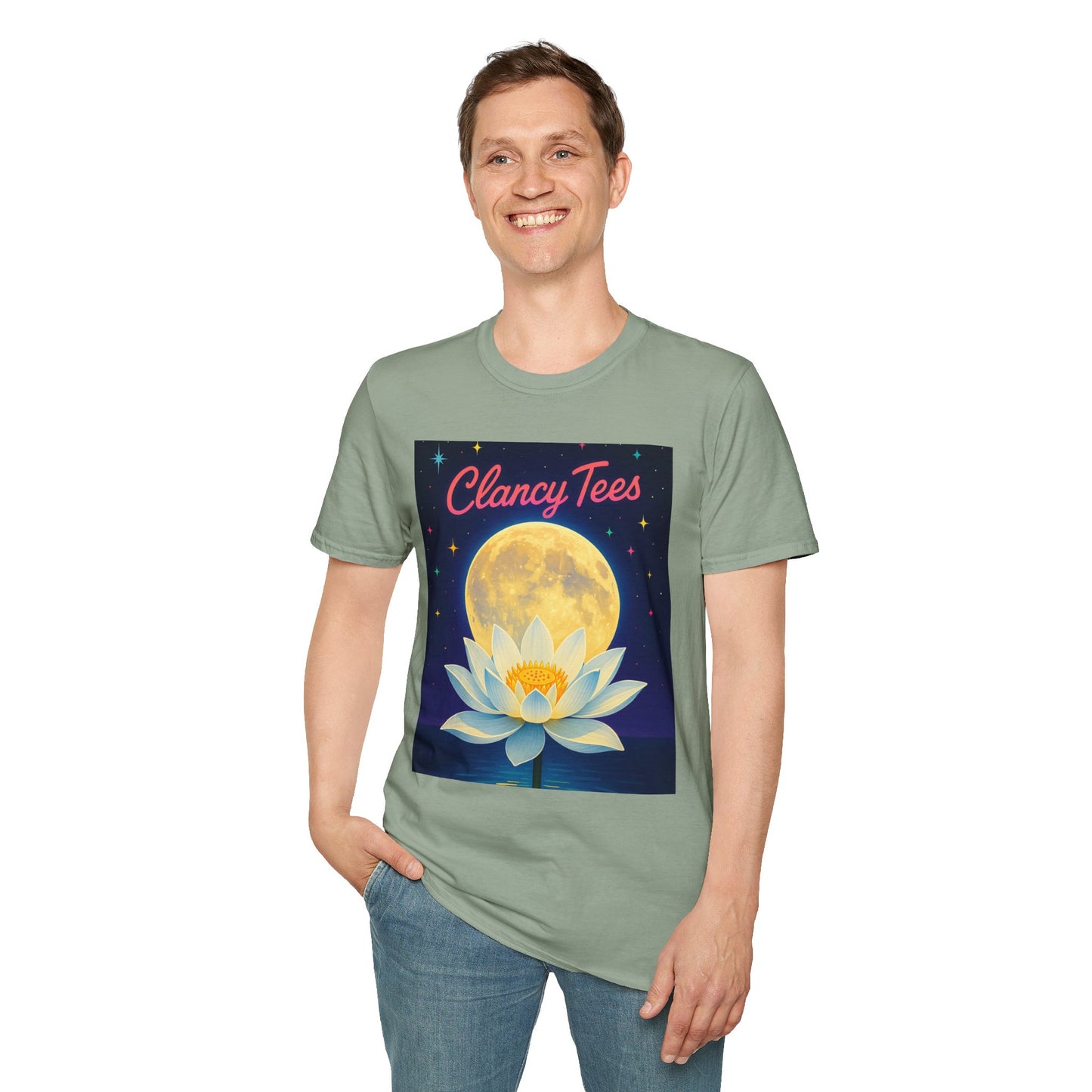 Moon Lotus Clancy Tees Shirt – Ethereal Floral T-Shirt with Full Moon Art – Gift for Nature Lovers, Yogis, Dreamers & Spiritual Aesthetic Fans