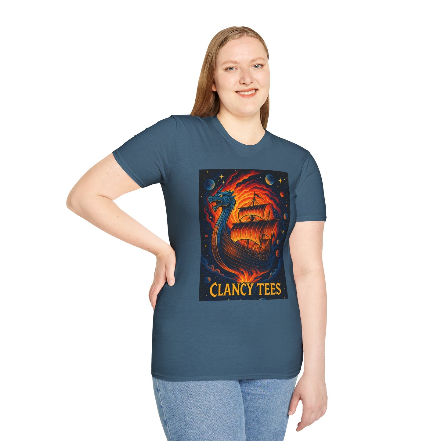 Viking Ship Dragon Shirt – Trippy Norse Mythology Tee with Fiery Cosmic Art – Bold Fantasy Graphic – Gift for Myth Lovers and Warrior Souls