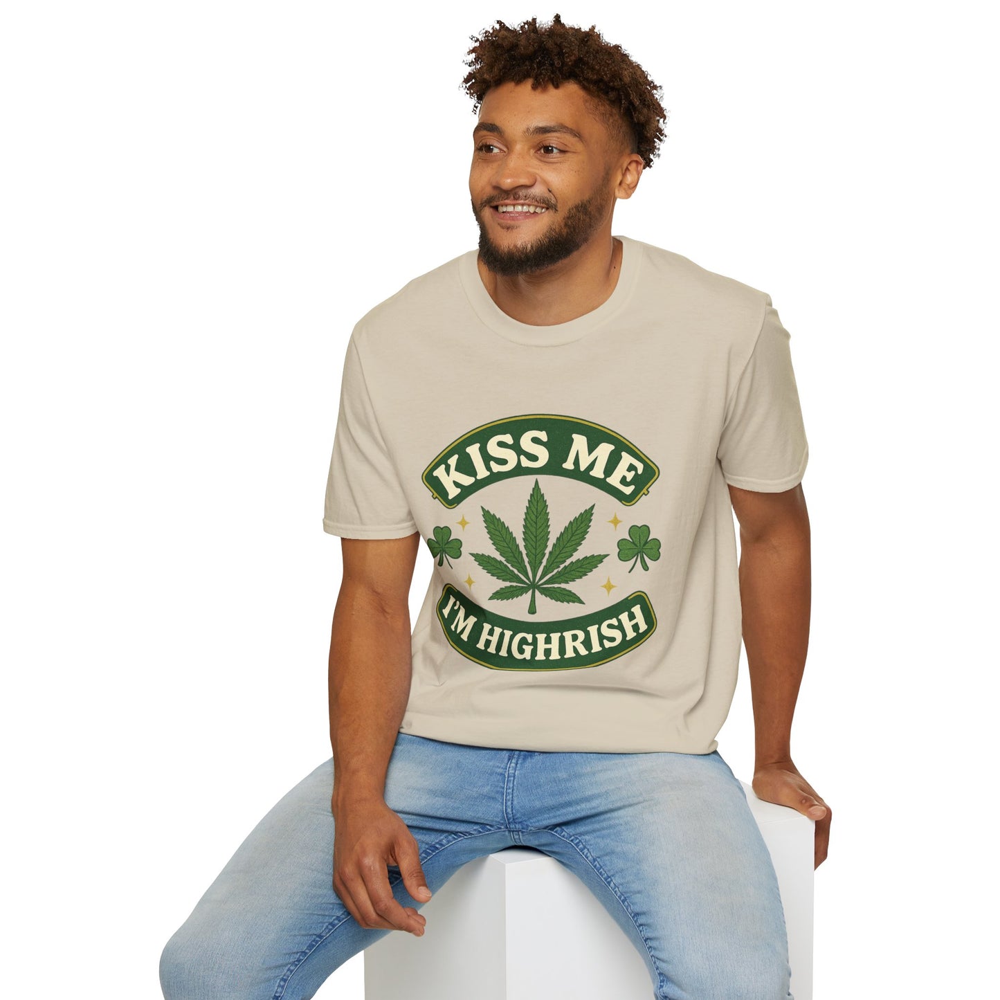 Kiss Me I’m Highrish Shirt – Funny Weed St. Patrick’s Day Tee – Cannabis Leaf Irish Parody Shirt – Gift for Stoner Friends and Green Beer Fans
