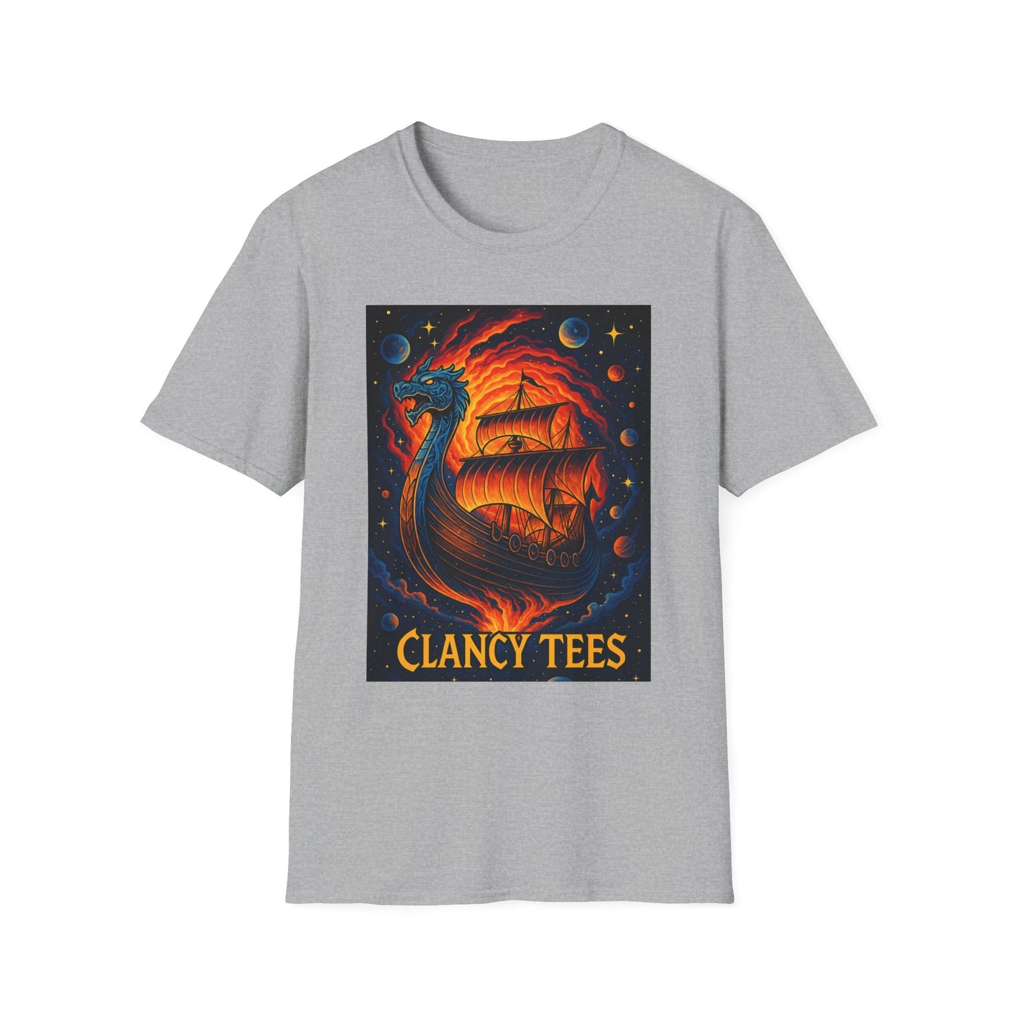 Viking Ship Dragon Shirt – Trippy Norse Mythology Tee with Fiery Cosmic Art – Bold Fantasy Graphic – Gift for Myth Lovers and Warrior Souls