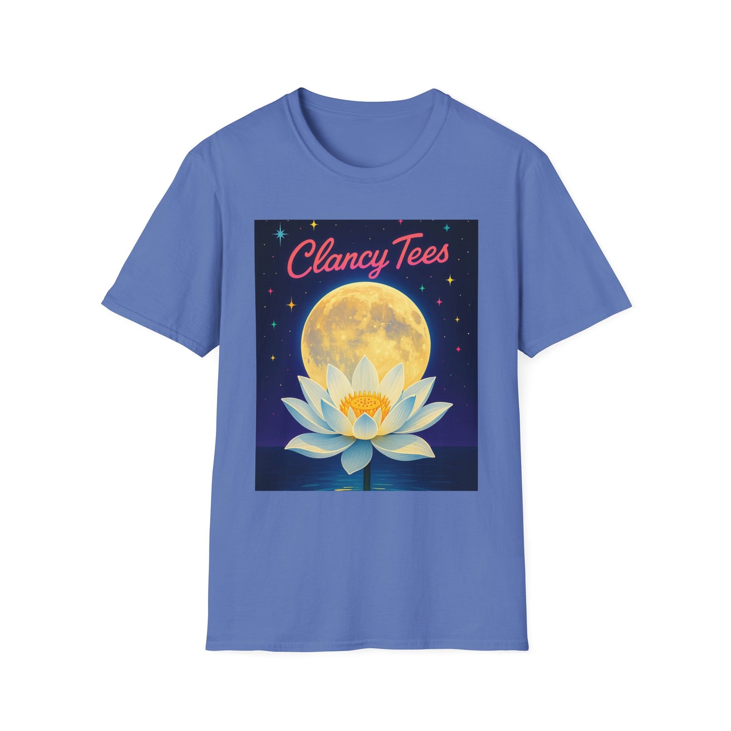 Moon Lotus Clancy Tees Shirt – Ethereal Floral T-Shirt with Full Moon Art – Gift for Nature Lovers, Yogis, Dreamers & Spiritual Aesthetic Fans