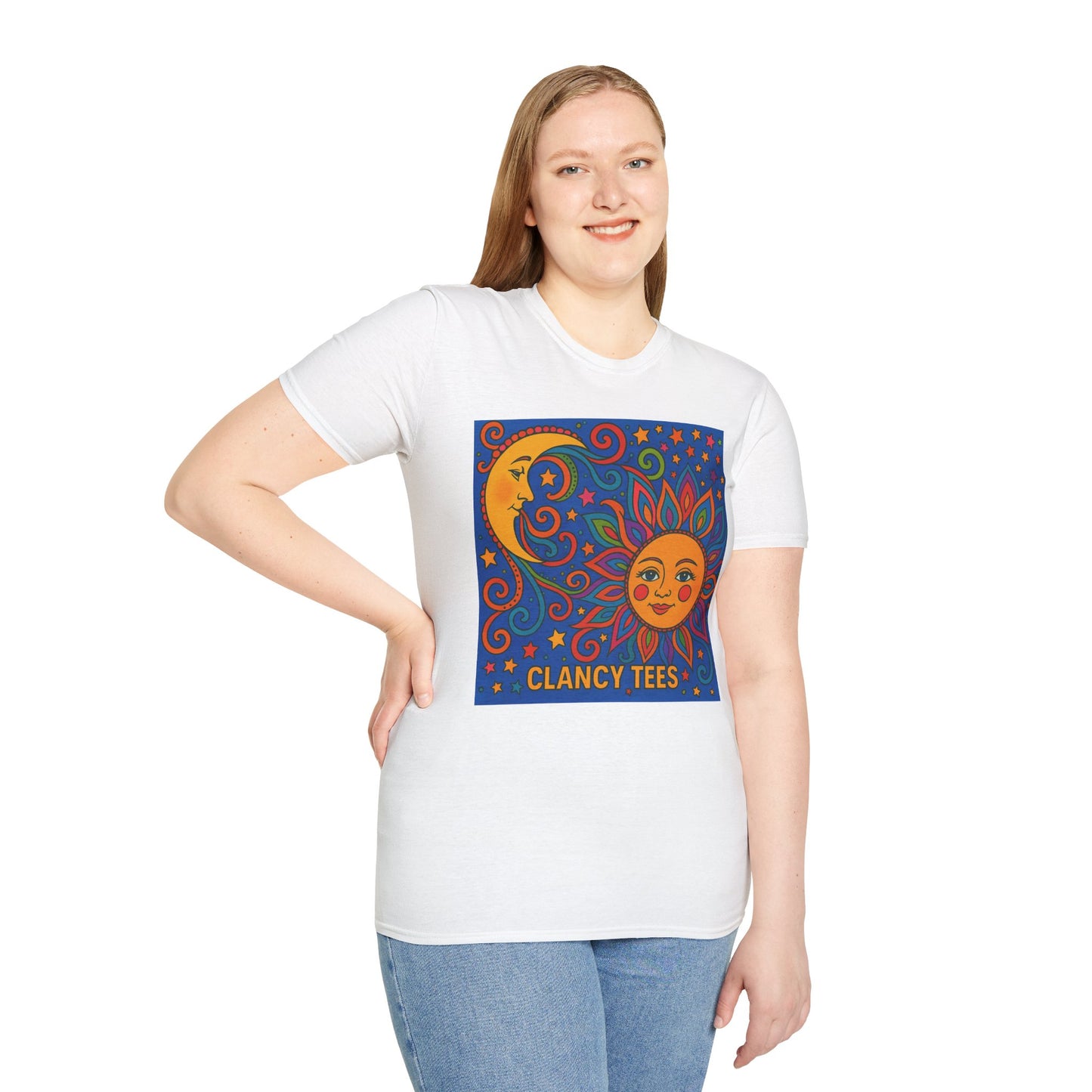 Sun and Moon Vibrant Tee, Unisex Softstyle T-Shirt for Summer Vibes, Boho Fashion, Gift for Her, Festival Wear, Casual Wear