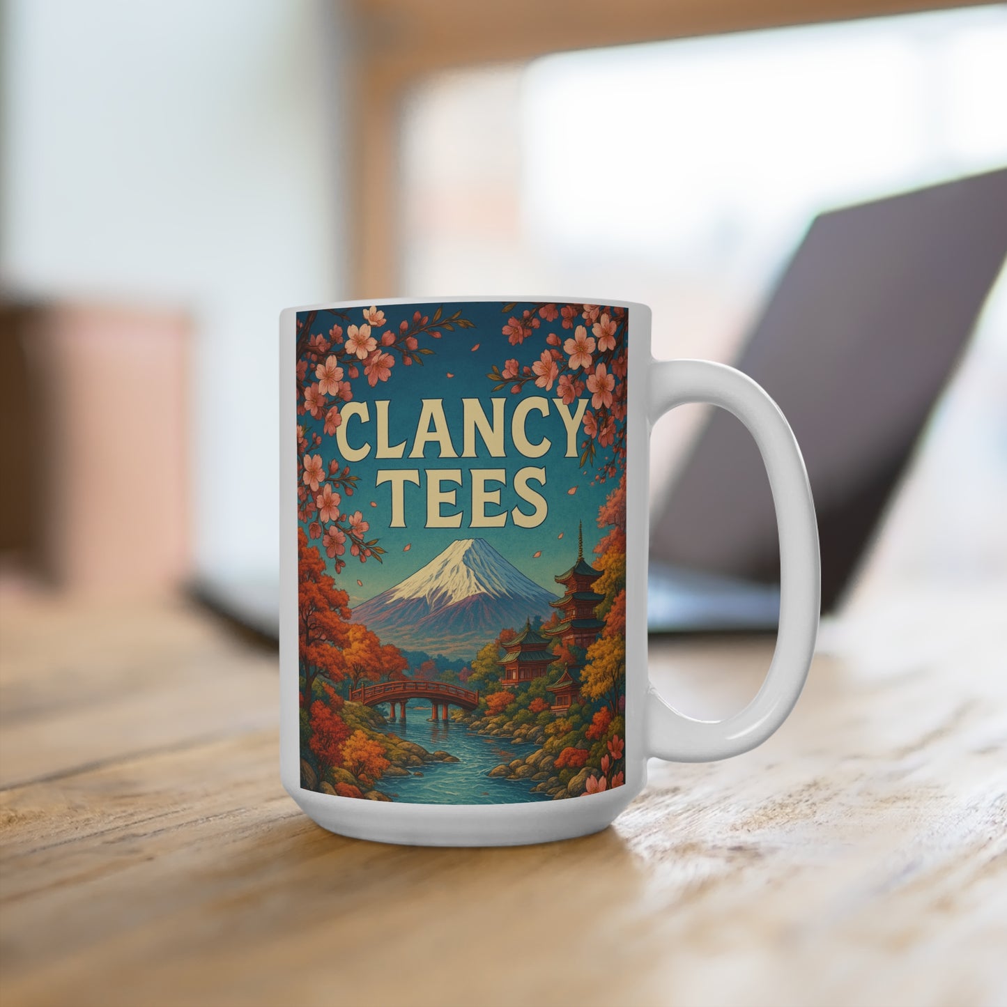 Japanese Landscape Coffee Mug Cherry Blossom Mt Fuji Ceramic Cup Tranquil River Pagoda Artwork Gift for Nature Lovers Zen Inspired Drinkware
