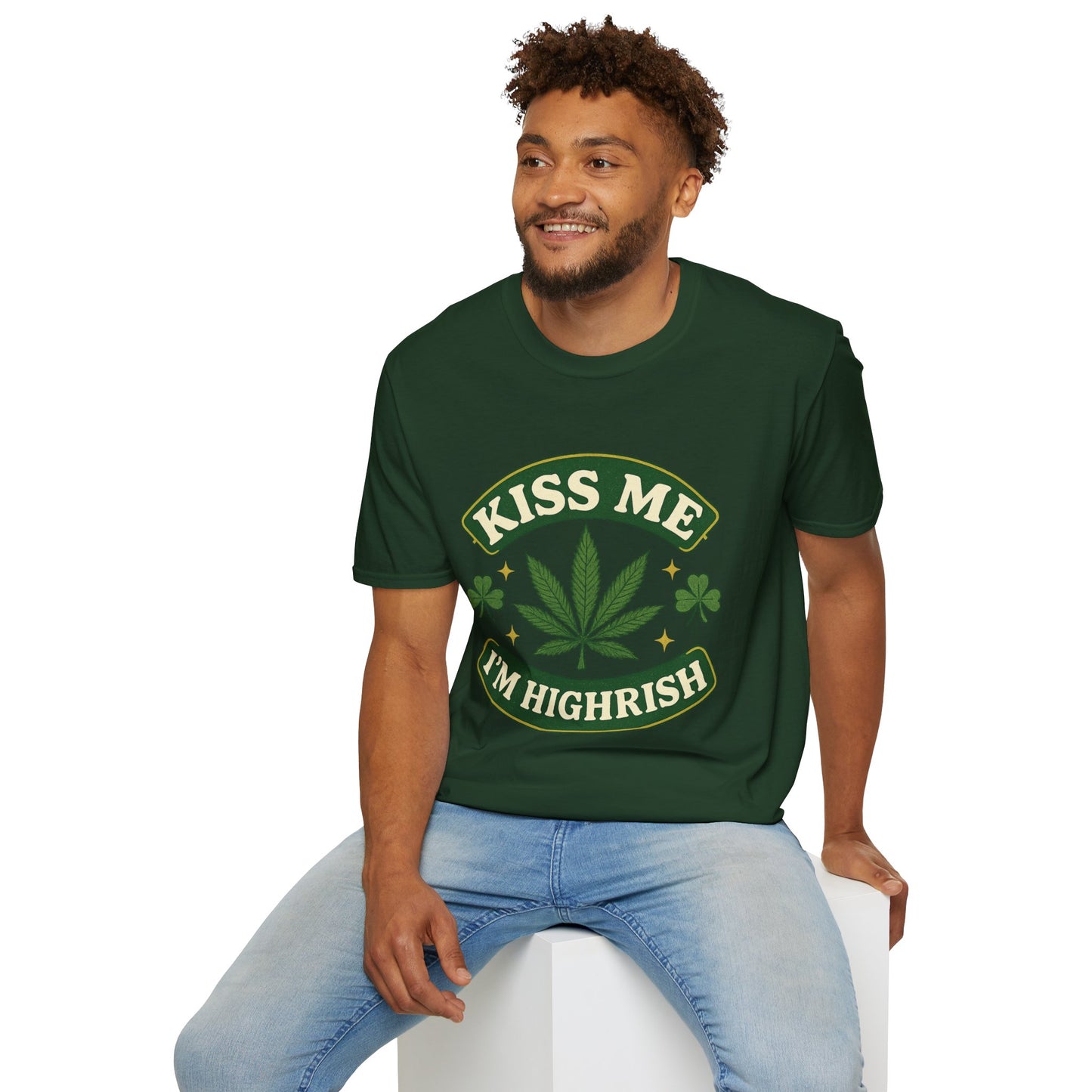 Kiss Me I’m Highrish Shirt – Funny Weed St. Patrick’s Day Tee – Cannabis Leaf Irish Parody Shirt – Gift for Stoner Friends and Green Beer Fans