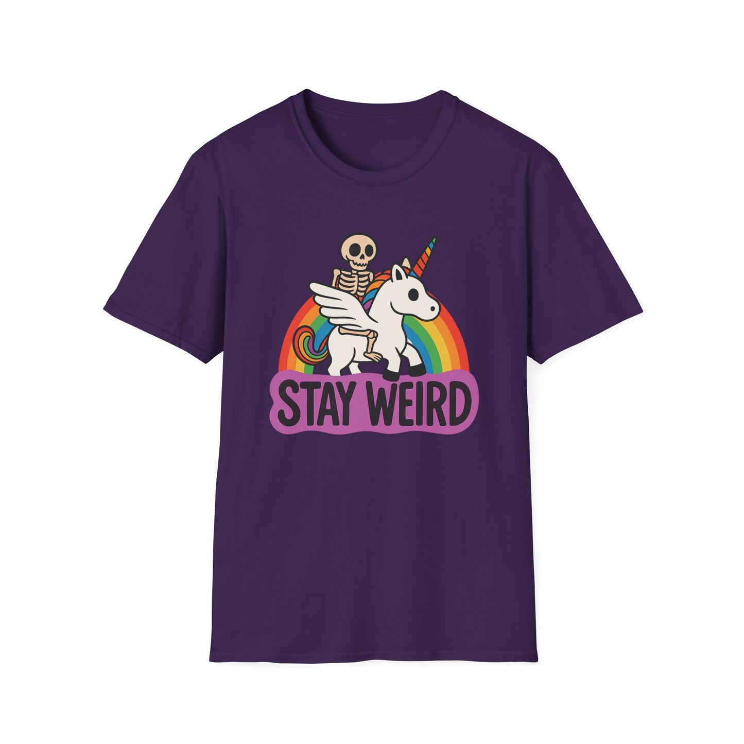 Stay Weird Skeleton Unicorn Shirt – Funny Rainbow Graphic Tee – Whimsical Weirdcore Clothing – Gift for Quirky Friends and Oddball Souls
