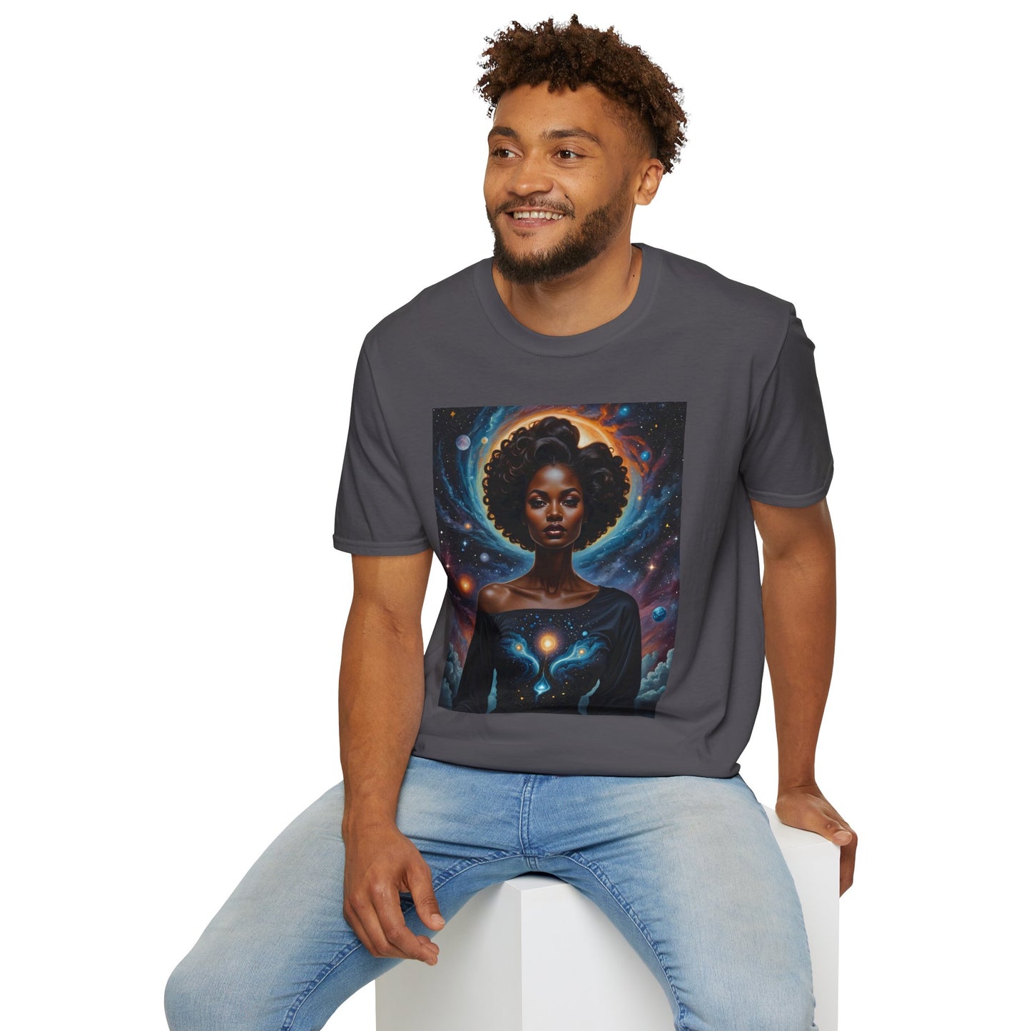 Afrofuturist Cosmic Energy T-Shirt – Celestial Power Graphic Tee, Spiritual Galaxy Shirt, Gift for Astrology Fans, Vibrant Universe Artwork