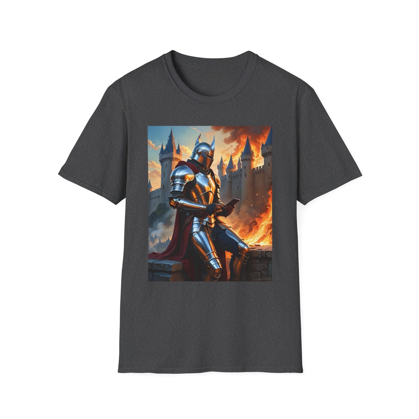 Knight in Burning Castle Shirt – Dark Fantasy Armor Tee – Gift for RPG Fans, Medieval Nerds, and Apocalyptic History Buffs