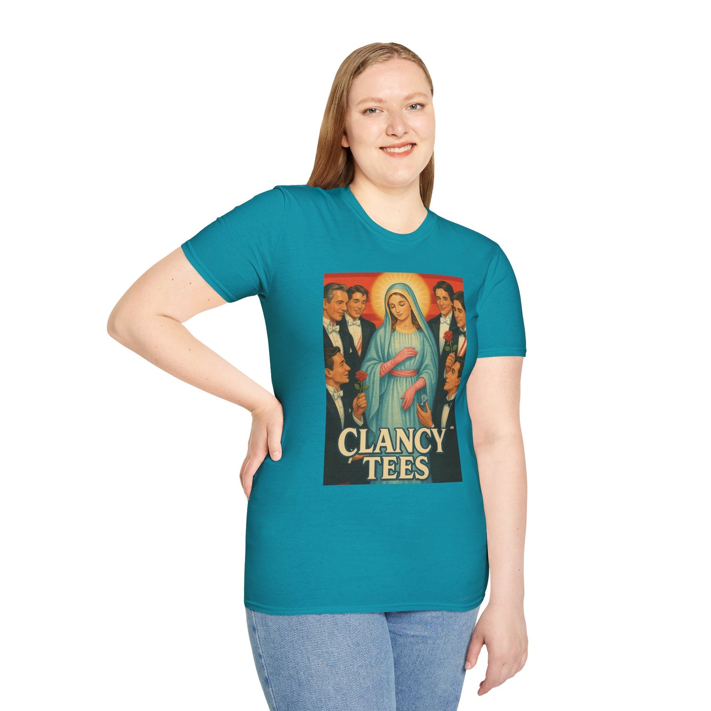Vintage Madonna Graphic Tee, Unisex Virgin Mary Softstyle T-Shirt, Retro Art Shirt, Gift for Artsy Friends, Festival Attire, Casual Wear